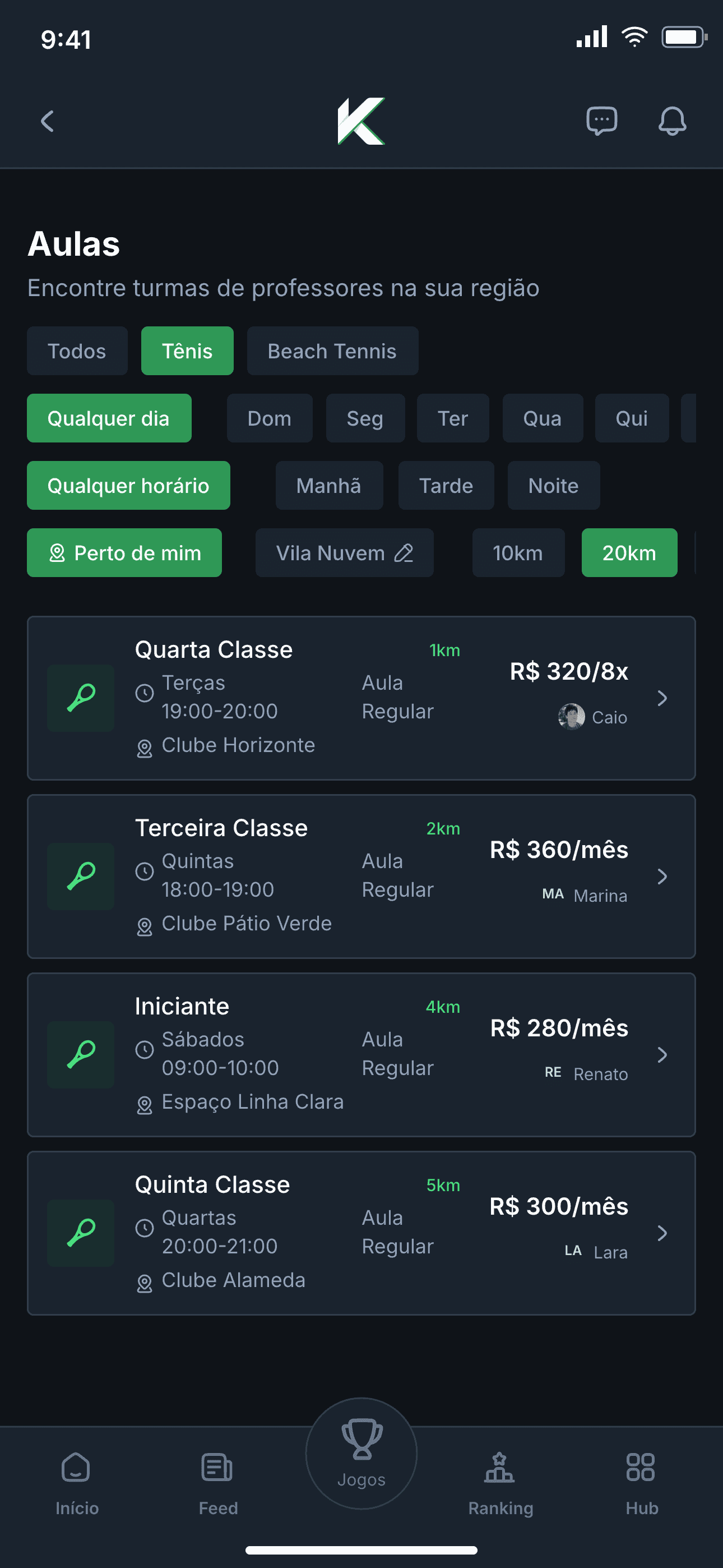 Busca de aulas de tênis na sua região no Kourty, com turmas, horários e preços