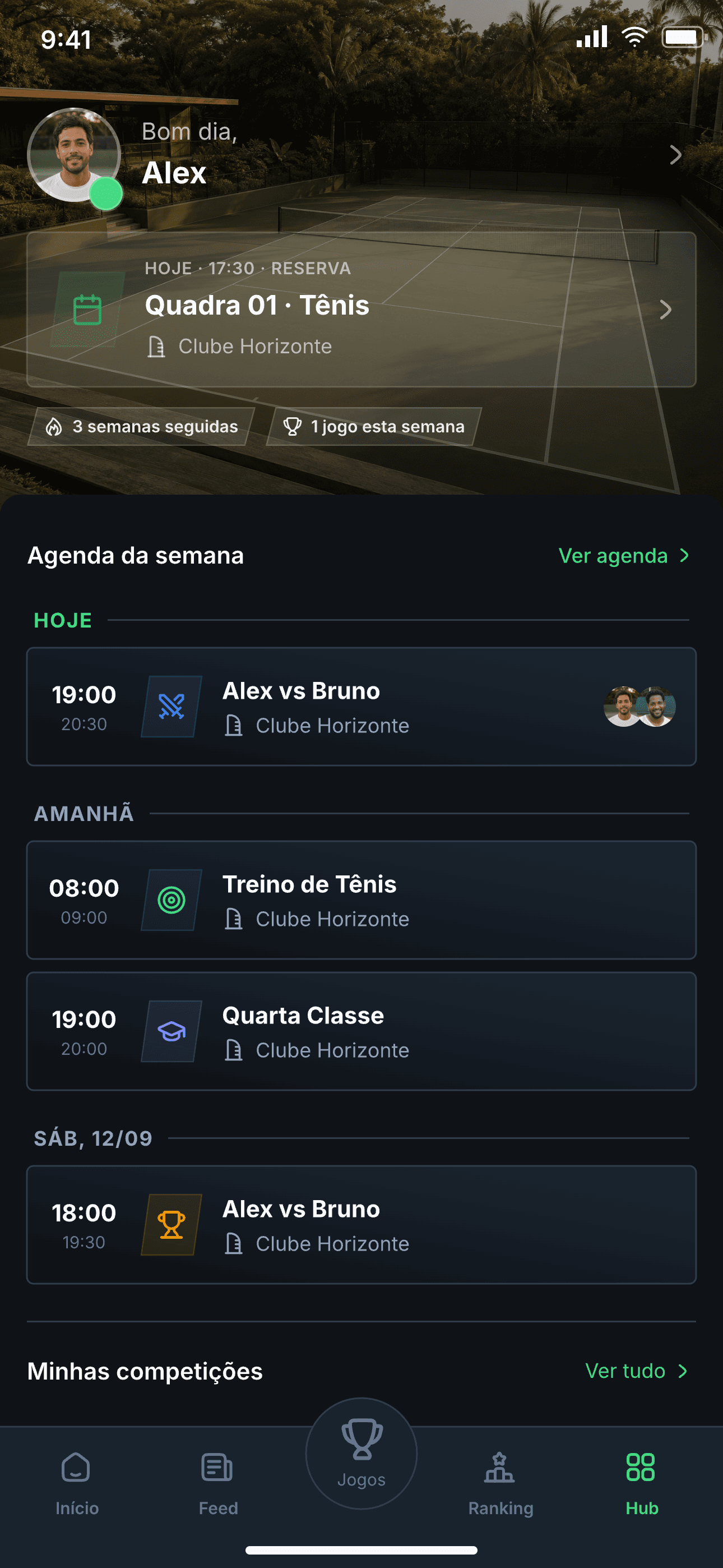 Hub do Kourty com a agenda da semana: reserva, jogos, treino e aula