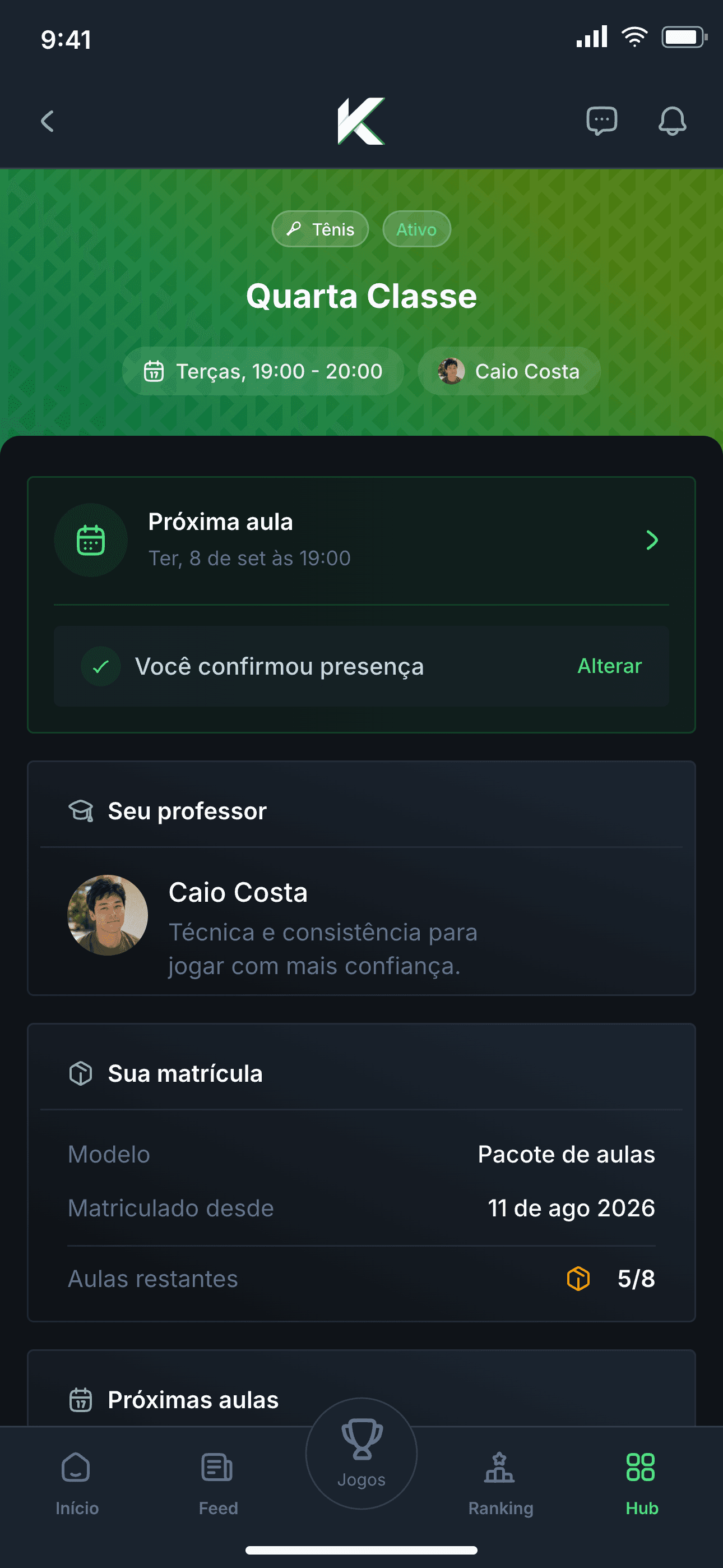 Turma Quarta Classe no Kourty com próxima aula, presença confirmada e professor