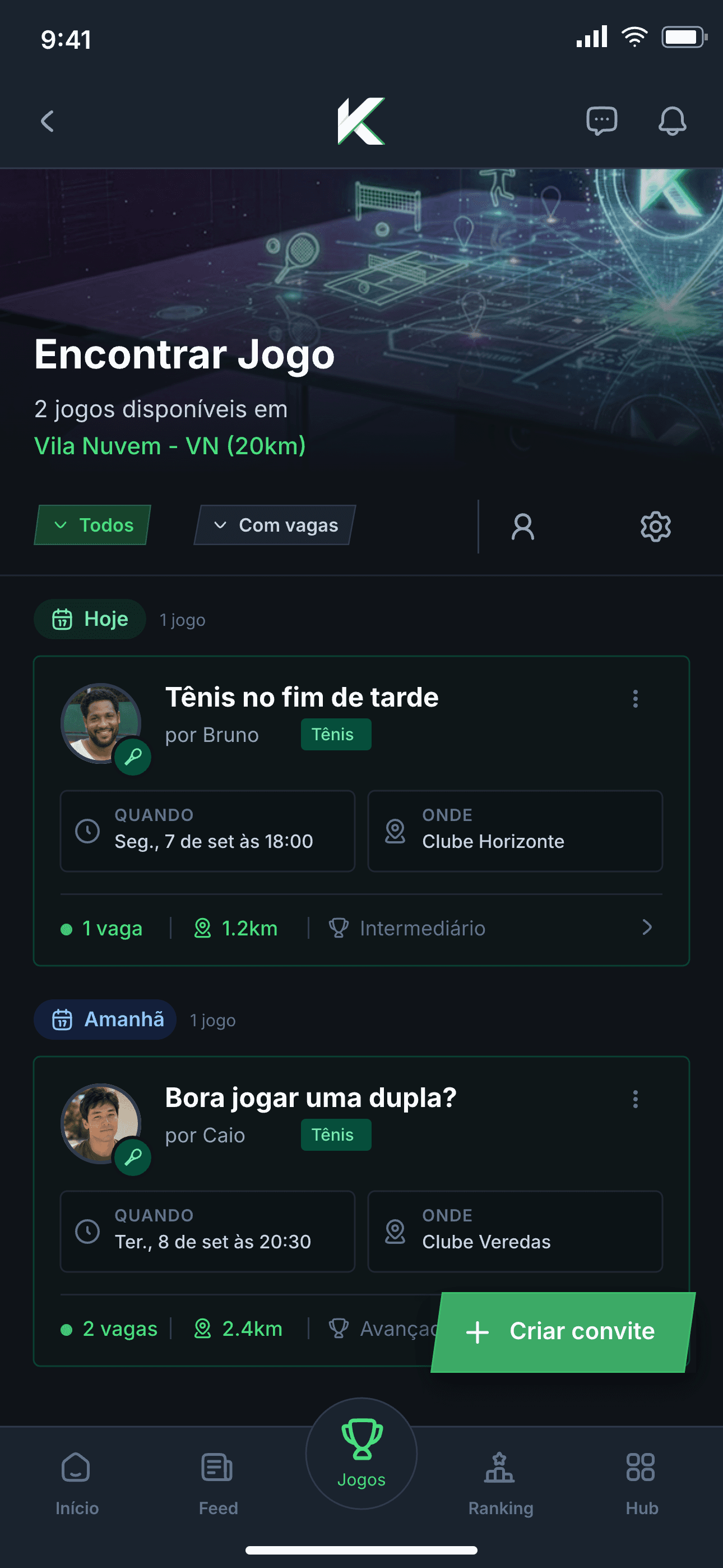 Tela Encontrar Jogo do Kourty com partidas abertas de tênis perto de você