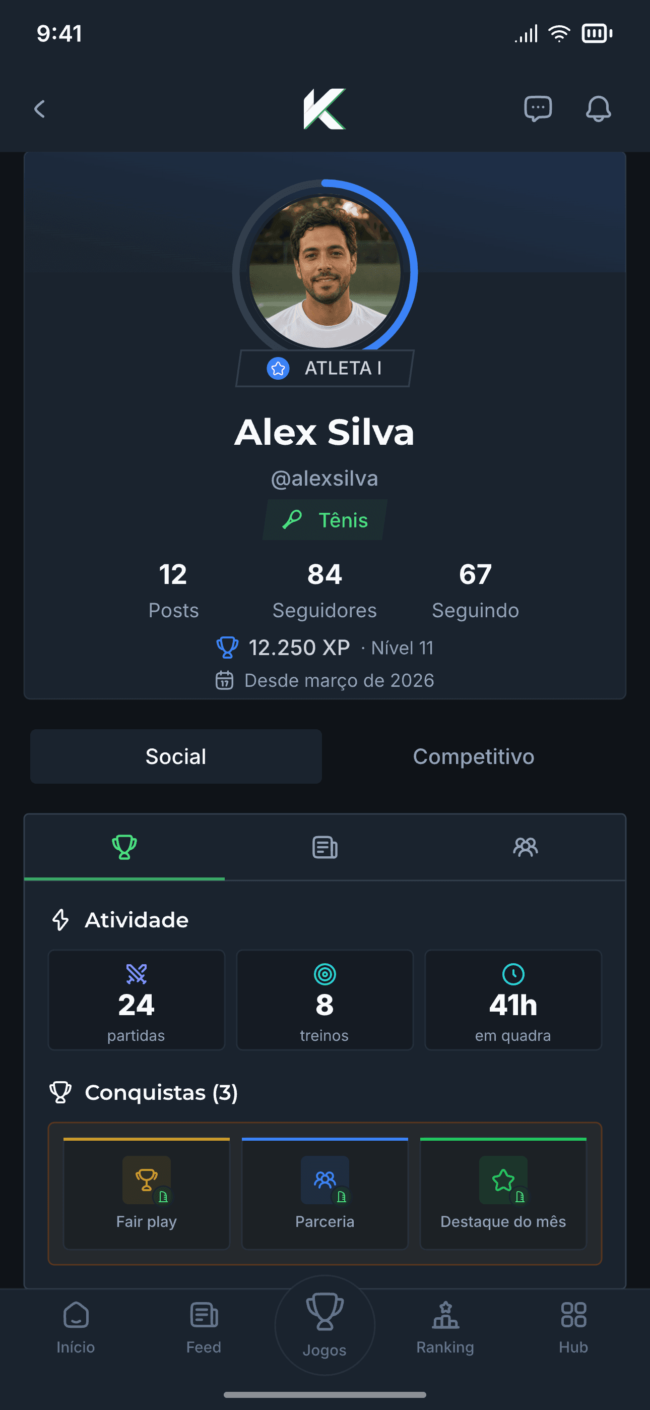 Perfil de jogador no Kourty com patente Atleta, nível, XP e conquistas