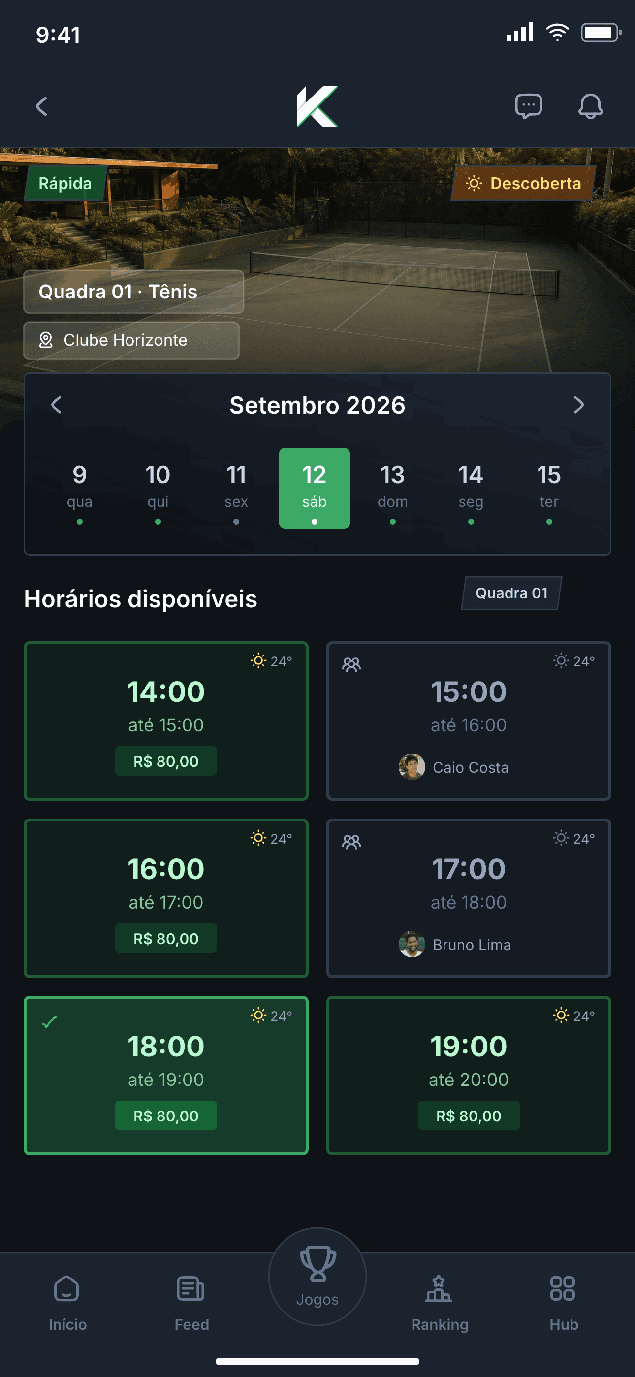 Tela de reserva de quadra do Kourty com horários disponíveis e preço